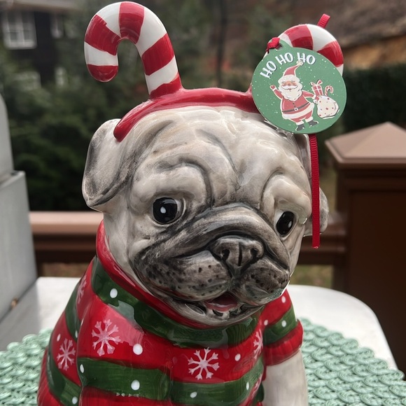 NWT Blue Sky Clayworks Christmas Pug wearing sweater & Candy-cane antlers. - Picture 2 of 8